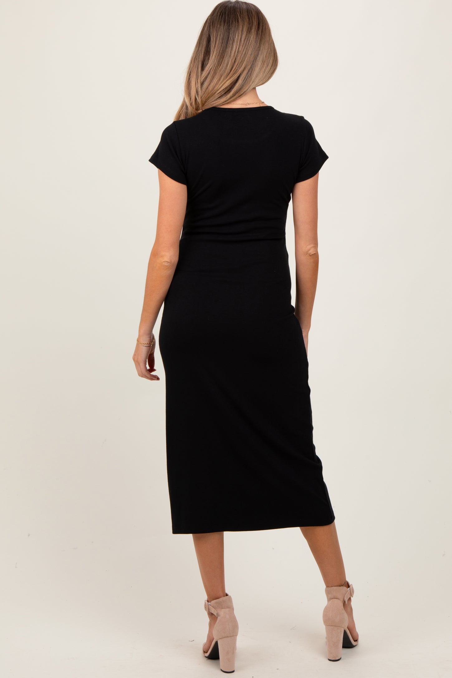 Black Basic Crewneck Maternity Midi Dress