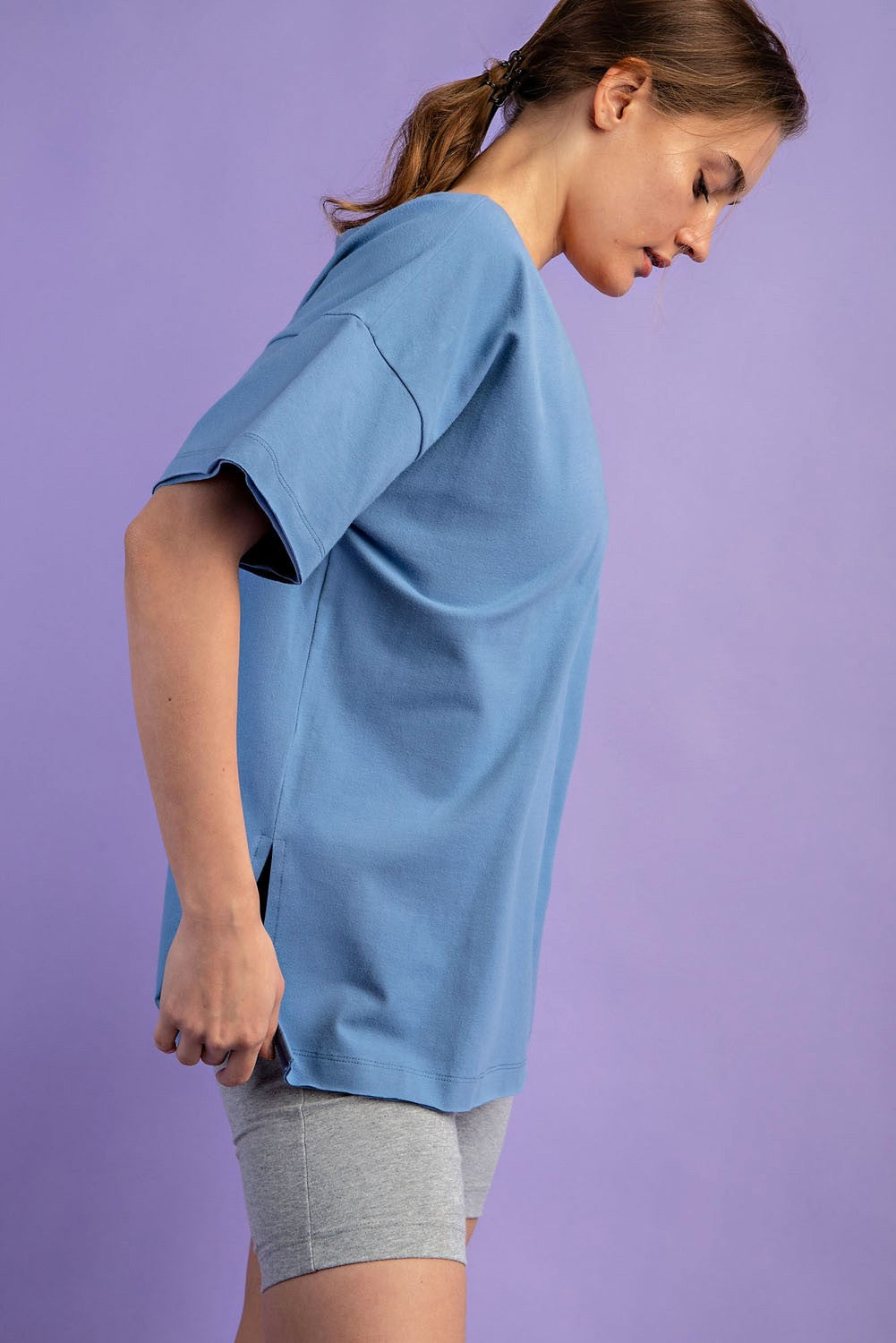 Blue Oversized V-Neck Side Slit Tee