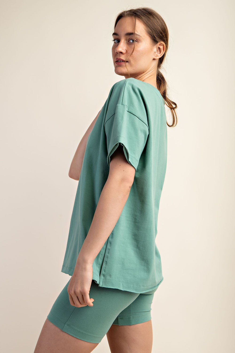 Light Olive Oversized V-Neck Side Slit Tee