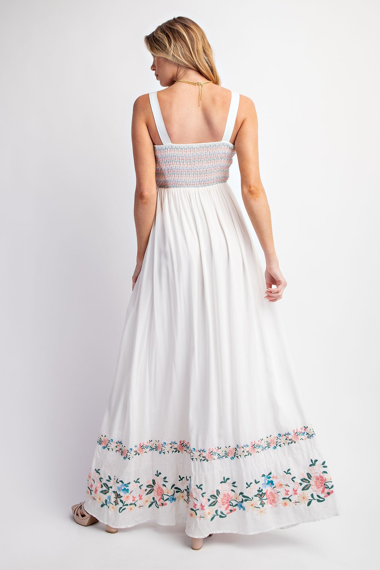 White Smocked Embroidered Floral Border Maxi Dress