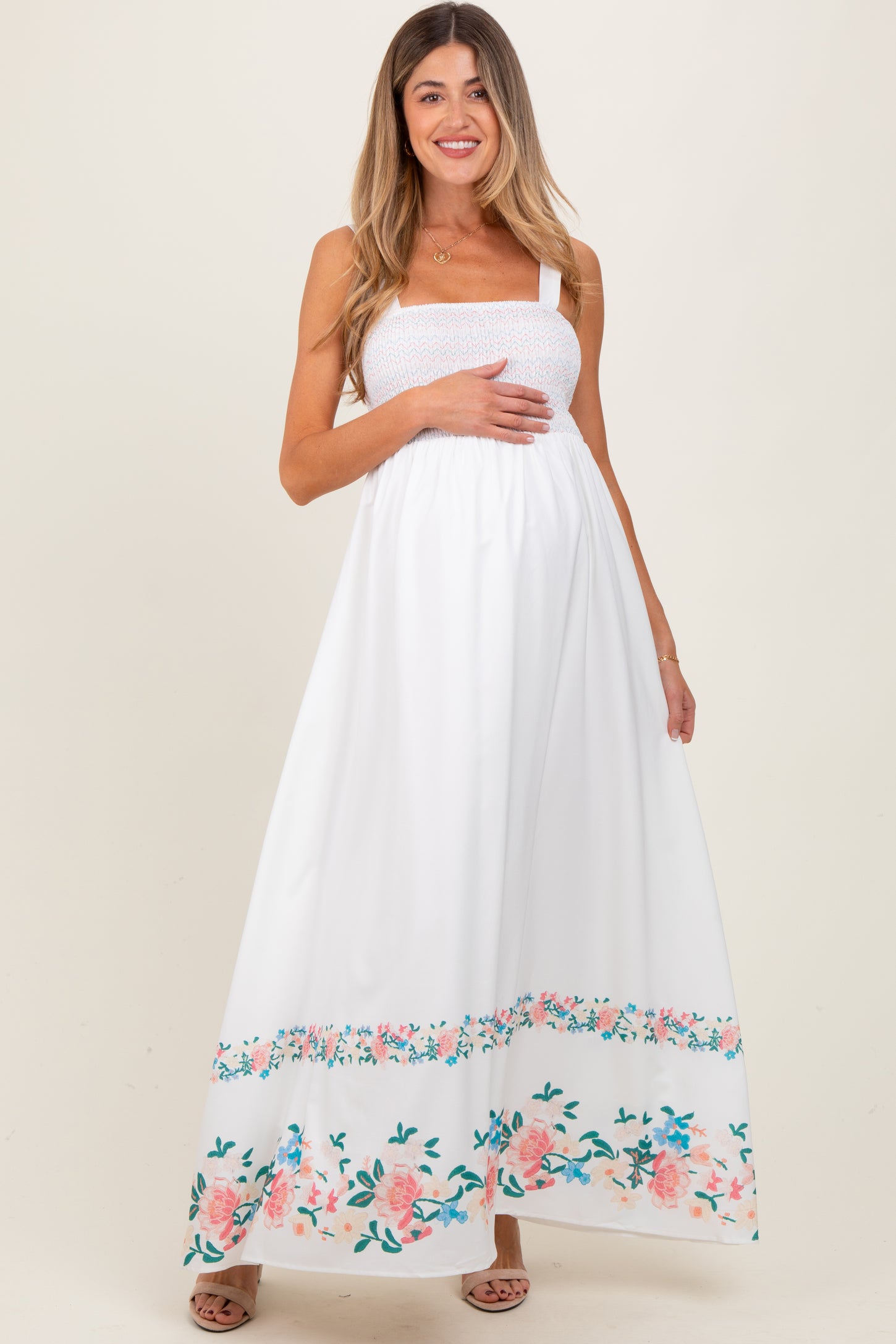 White Smocked Embroidered Floral Border Maternity Maxi Dress