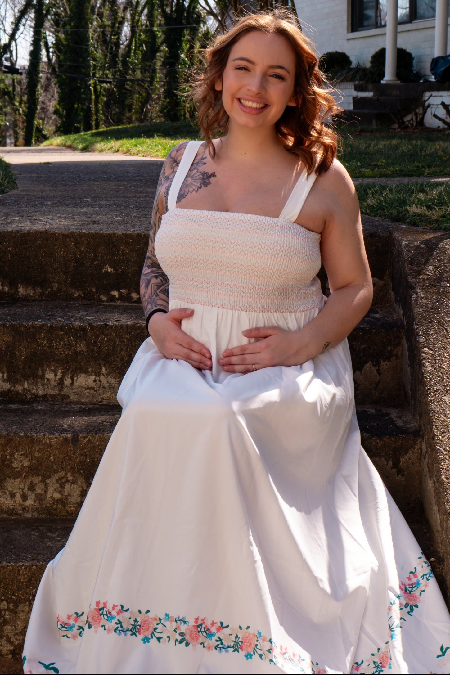 White Smocked Embroidered Floral Border Maternity Maxi Dress