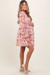 Light Pink Floral Chiffon Plisse Maternity Mini Dress