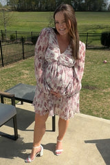 Cream Floral Chiffon Plisse Maternity Mini Dress