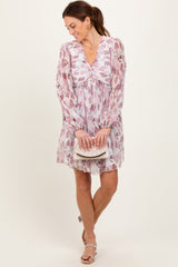 Cream Floral Chiffon Plisse Mini Dress
