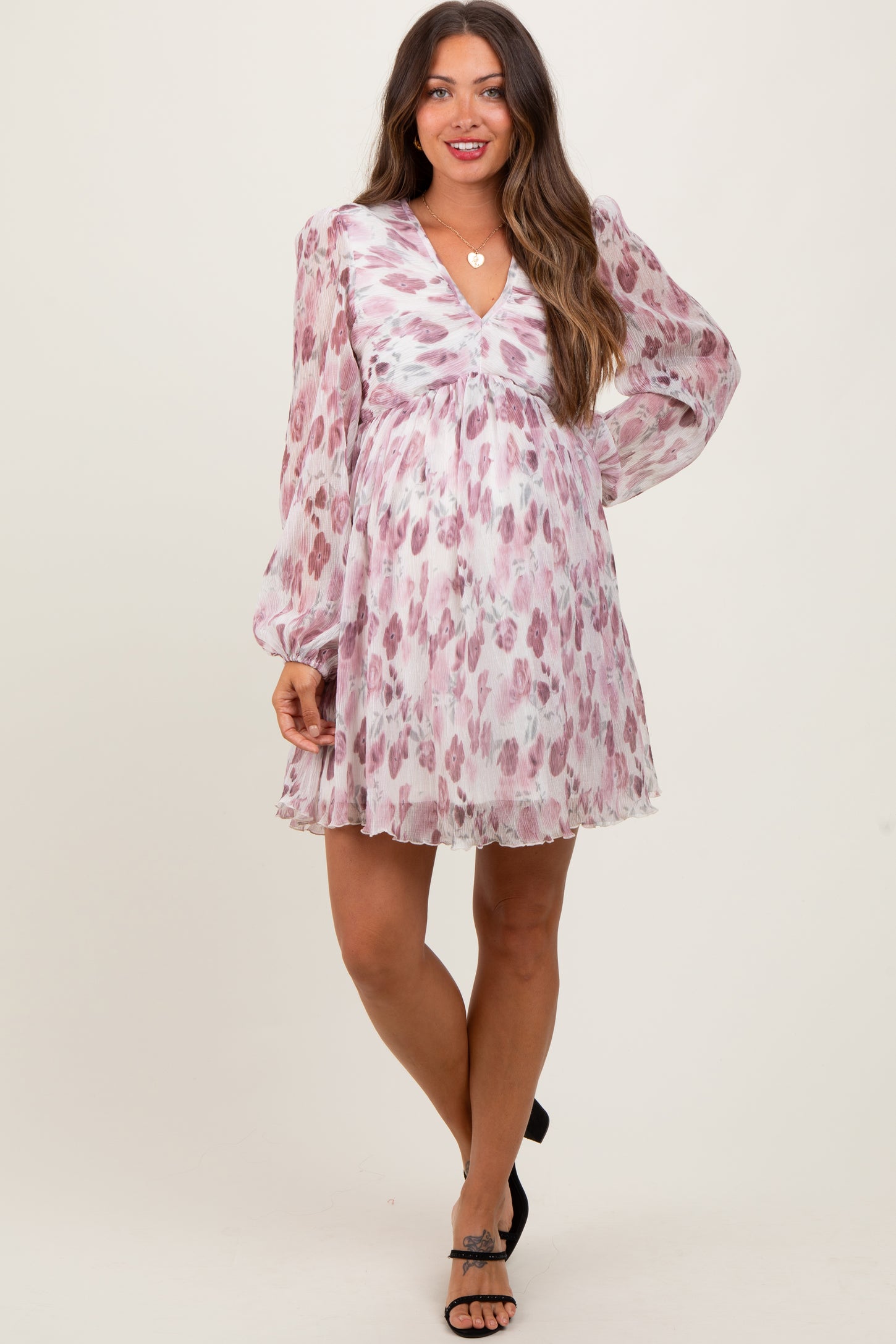 Cream Floral Chiffon Plisse Maternity Mini Dress