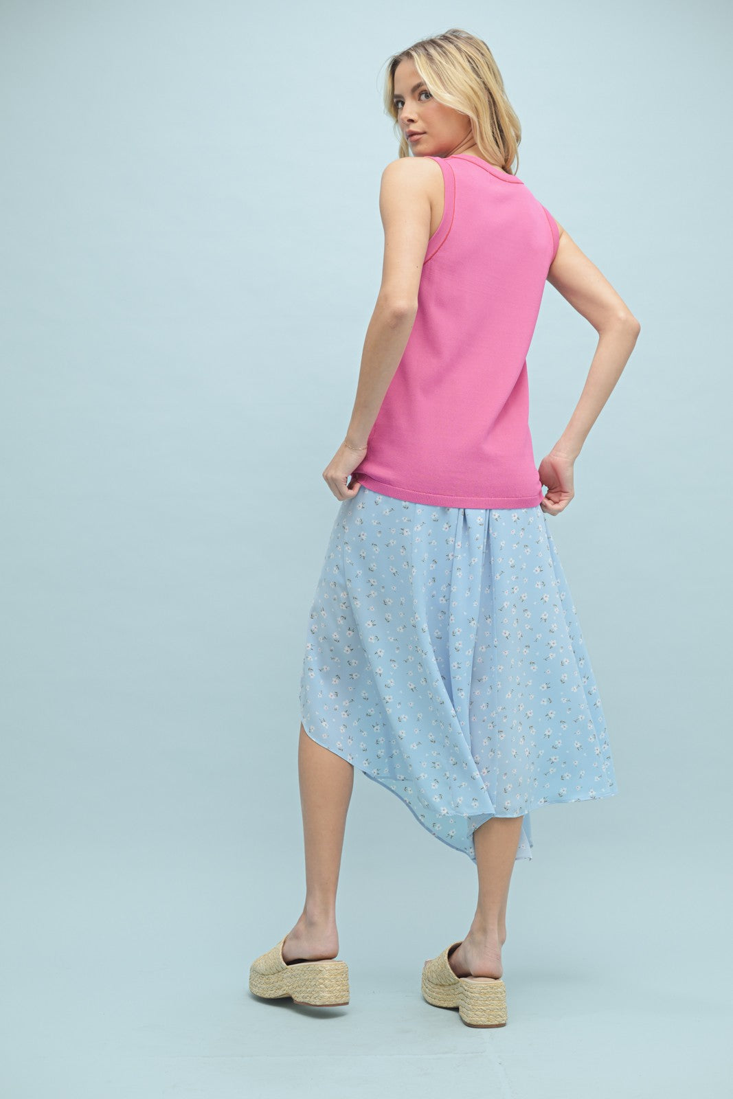 Fuchsia Knit Piping Detail Sleeveless Top