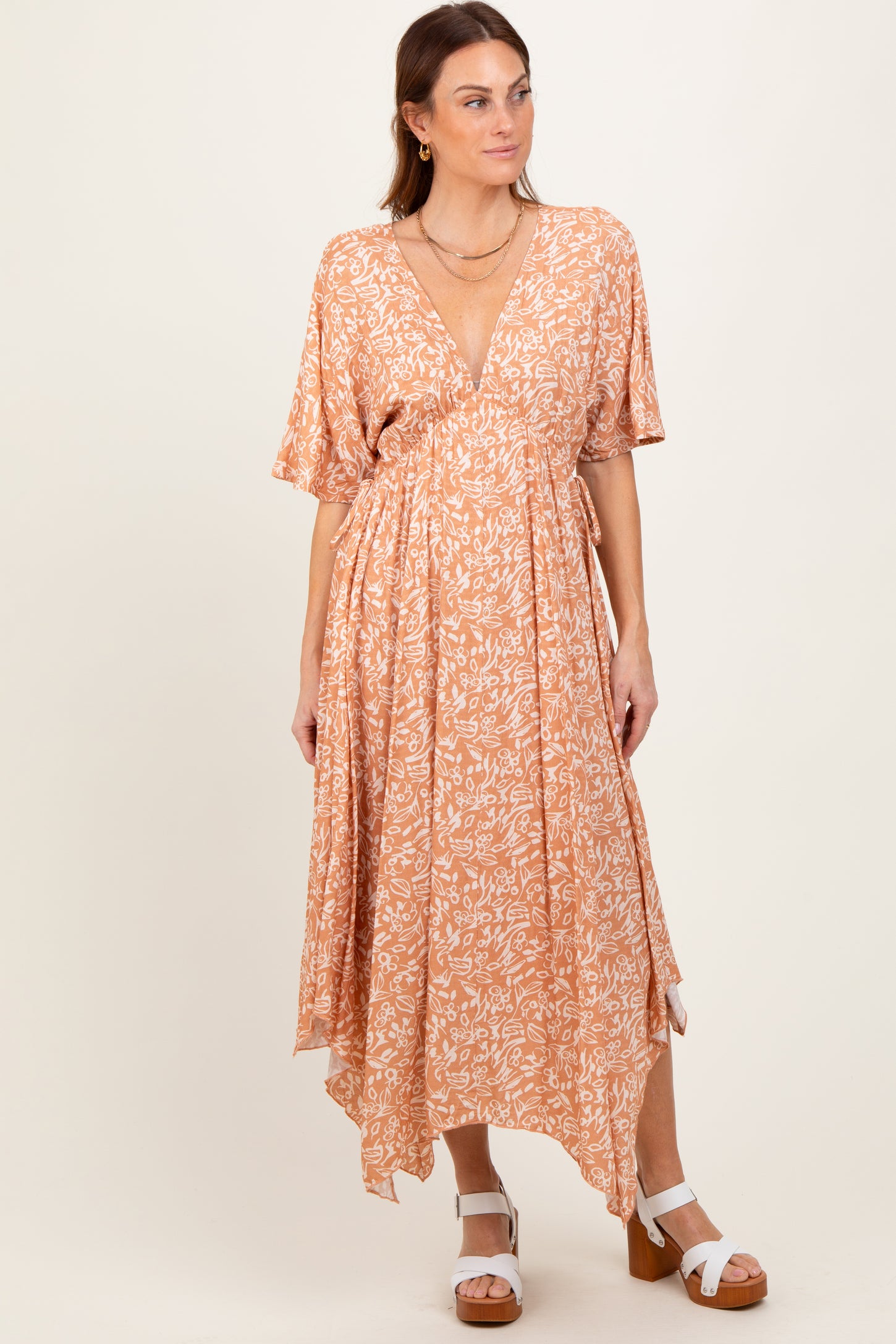 Peach Floral V-Neck Flutter Sleeve Maxi Dress