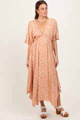 Peach Floral V-Neck Flutter Sleeve Maxi Dress
