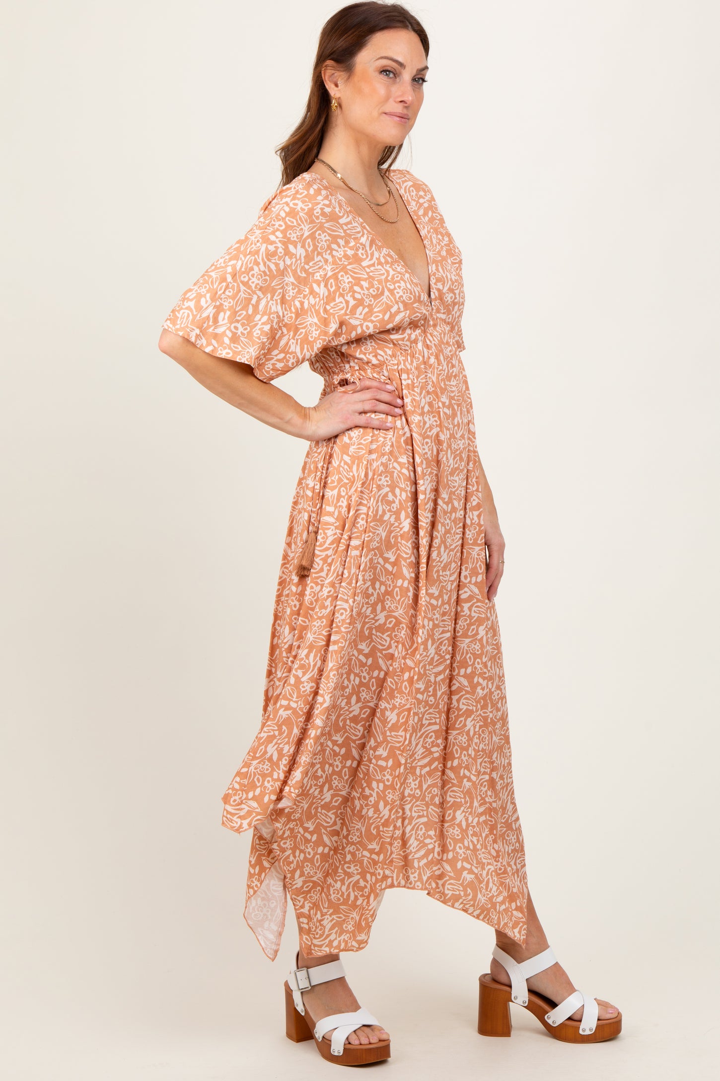Peach Floral V-Neck Flutter Sleeve Maxi Dress