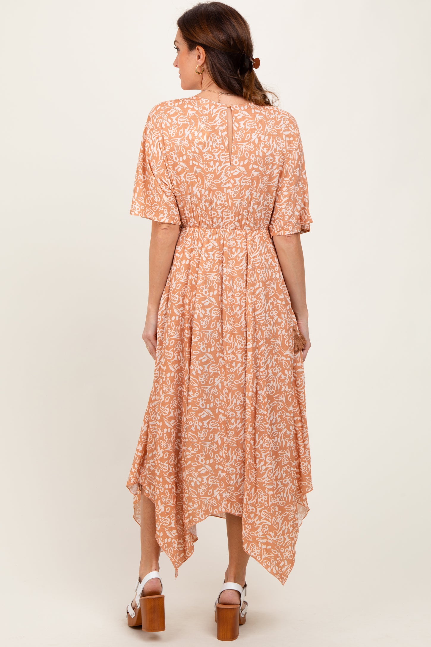 Peach Floral V-Neck Flutter Sleeve Maxi Dress