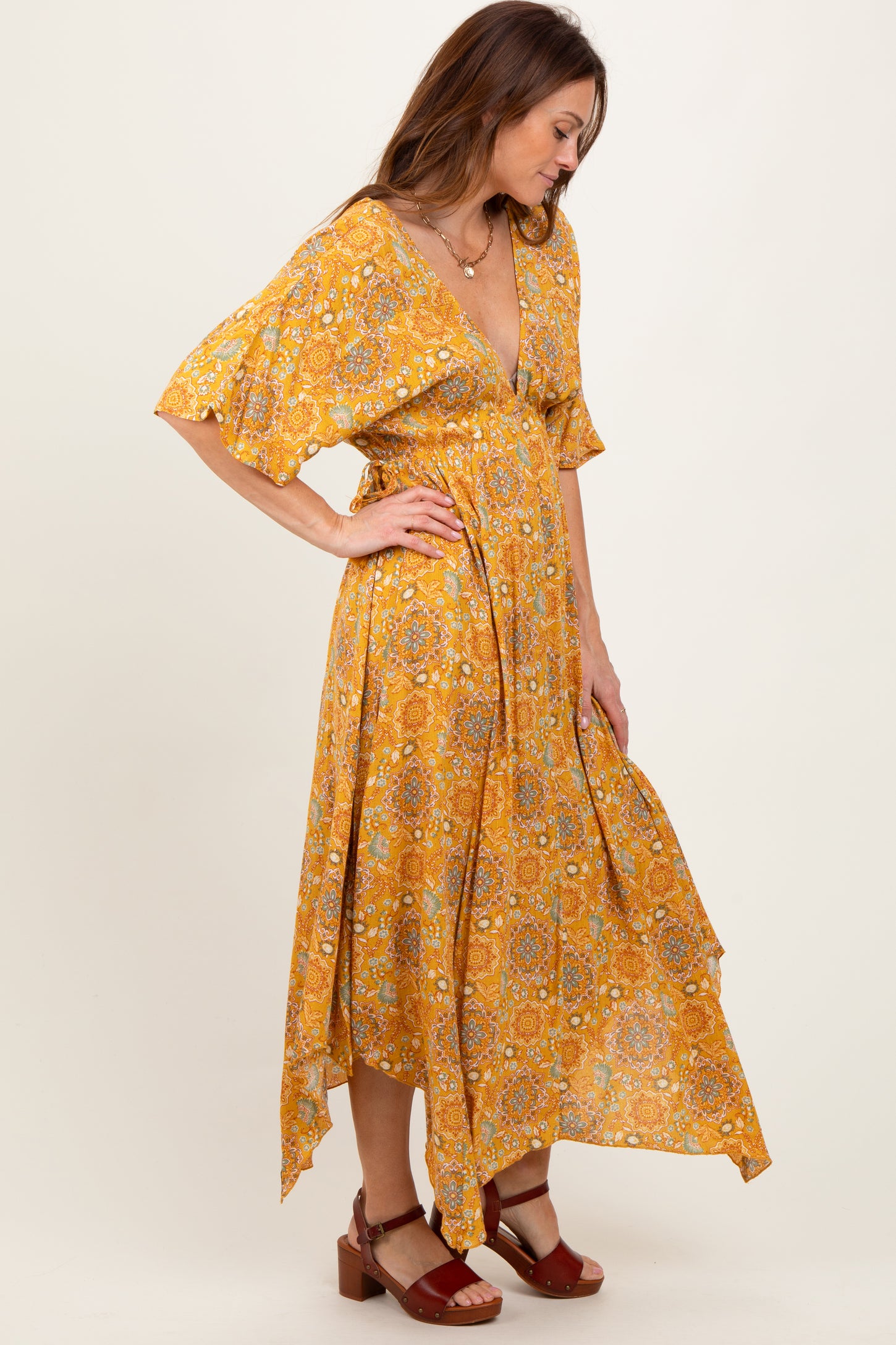 Yellow Printed Deep V-Neck Handkerchief Hem Maxi Dress