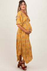 Yellow Printed Deep V-Neck Handkerchief Hem Maternity Maxi Dress