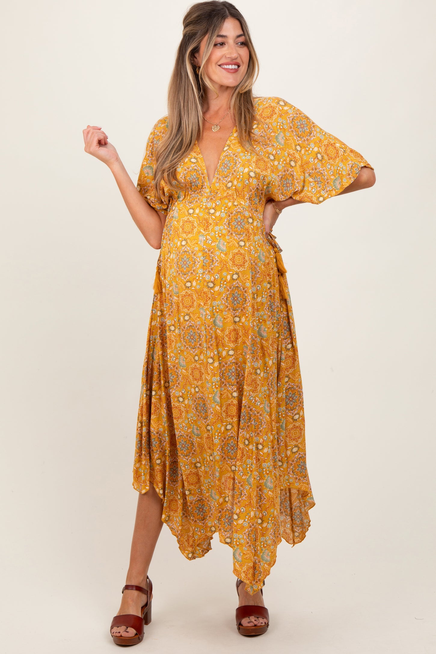 Yellow Printed Deep V-Neck Handkerchief Hem Maternity Maxi Dress