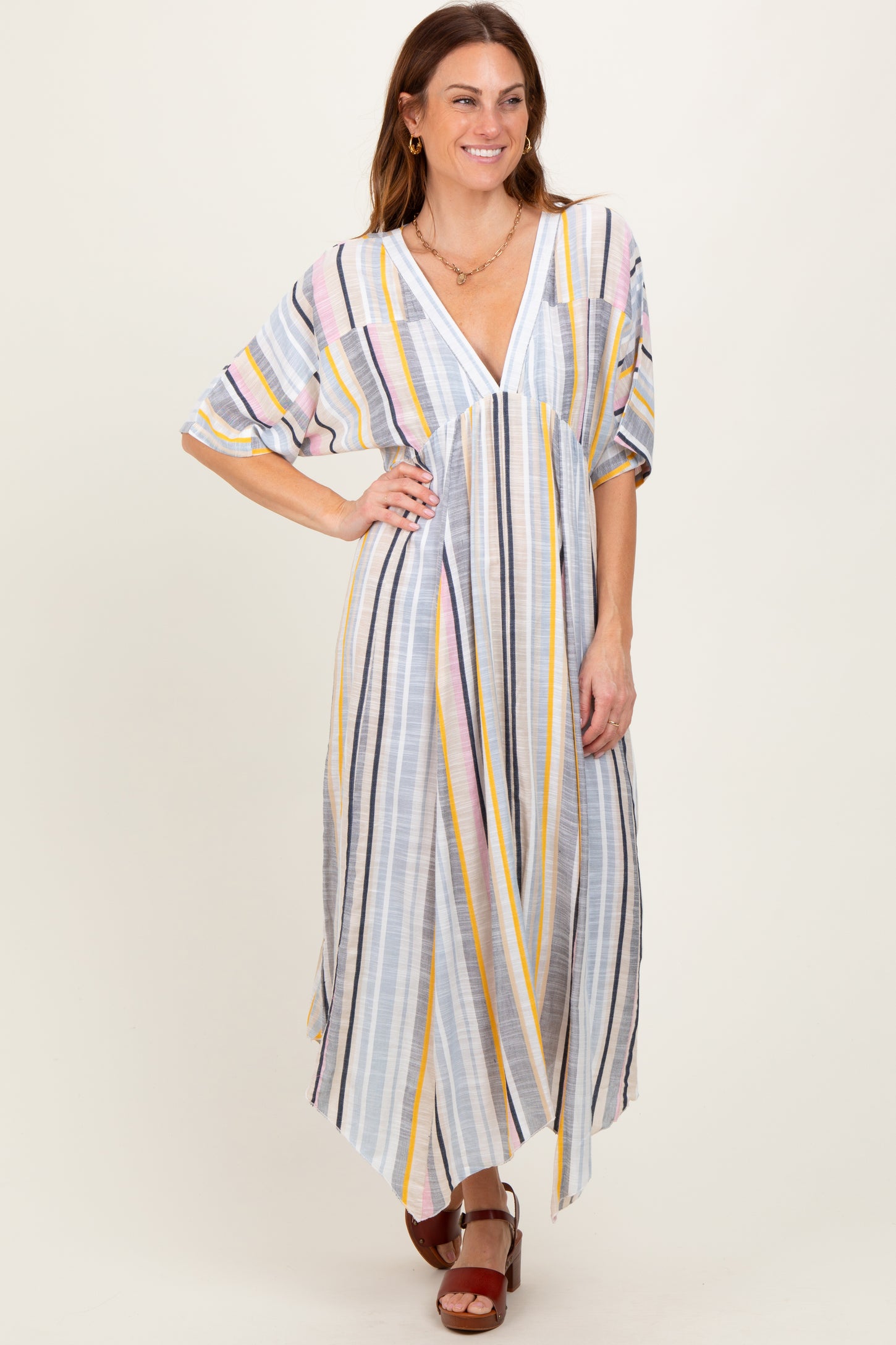 Multicolor Striped Handkerchief Hem Maxi Dress