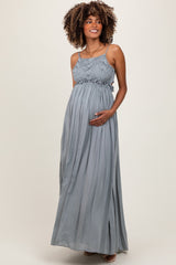 Grey Lace Bodice Cutout Tie Back Maternity Maxi Dress