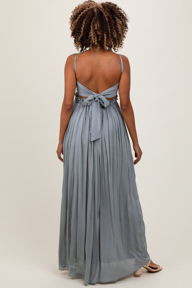 Grey Lace Bodice Cutout Tie Back Maternity Maxi Dress