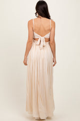 Beige Lace Bodice Cutout Tie Back Maxi Dress