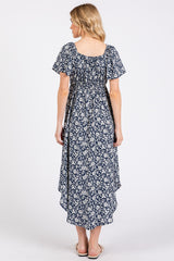 Navy Blue Floral Ruched Tie Front Midi Dress