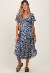Navy Blue Floral Ruched Tie Front Maternity Midi Dress