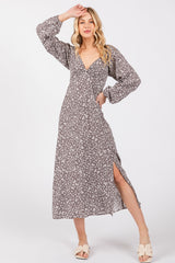 Mocha Floral Twist Front Long Sleeve Midi Dress