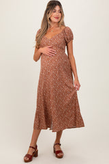 Rust Floral V-Neck Button Front Maternity Midi Dress