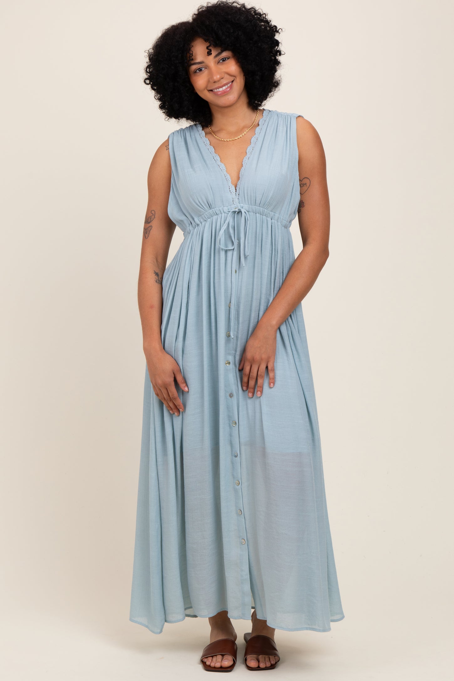 Light Blue Deep V-Neck Sleeveless Button Down Maxi Dress