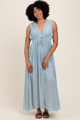 Light Blue Deep V-Neck Sleeveless Button Down Maxi Dress
