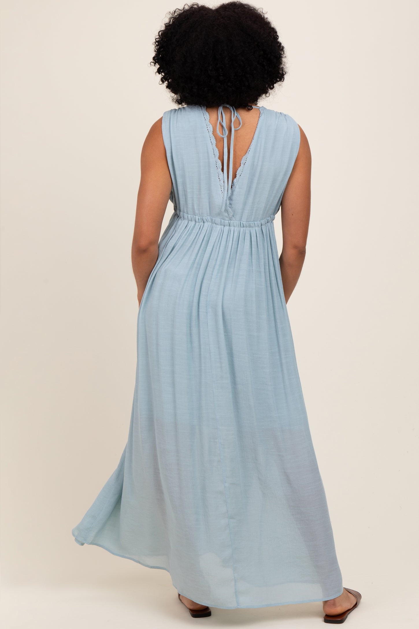 Light Blue Deep V-Neck Sleeveless Button Down Maxi Dress