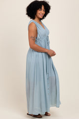 Light Blue Deep V-Neck Sleeveless Button Down Maxi Dress