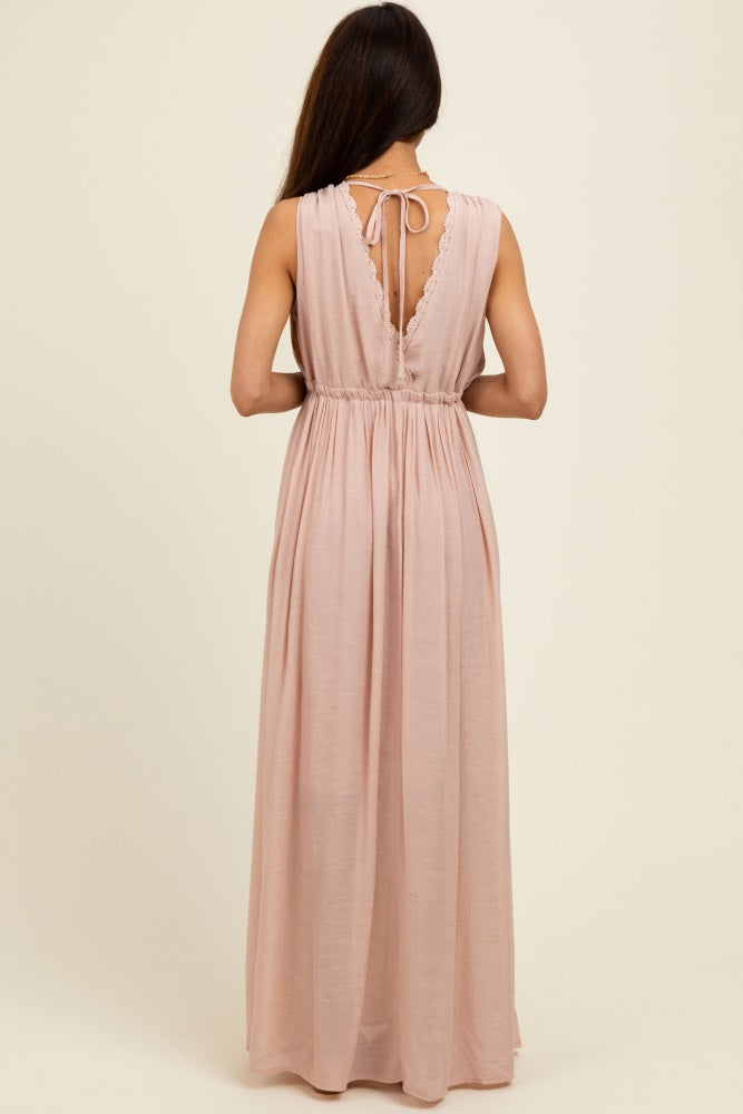 Light Pink Deep V-Neck Sleeveless Button Down Maxi Dress