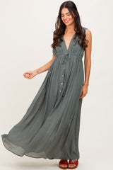 Olive Deep V-Neck Sleeveless Button Down Maxi Dress