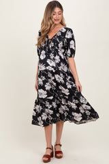 Black Floral Tie Front Tiered Maternity Midi Dress