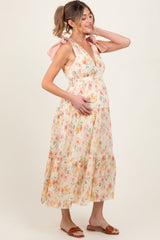 Cream Floral Shoulder Tie Deep V-Neck Tiered Maternity Maxi Dress