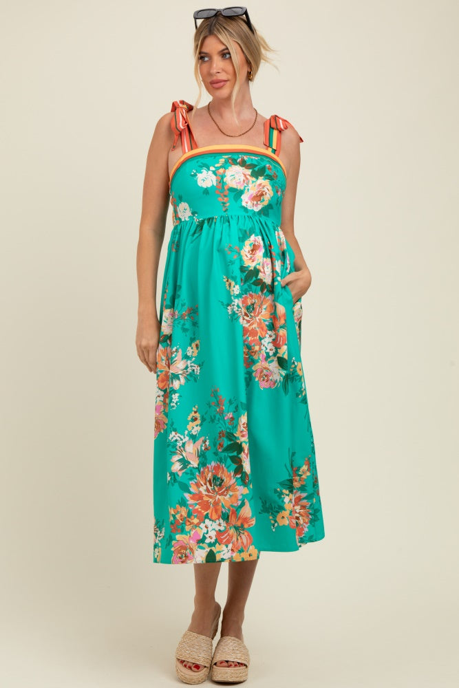 Turquoise Floral Contrast Shoulder Tie Maternity Midi Dress