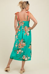 Turquoise Floral Contrast Shoulder Tie Maternity Midi Dress