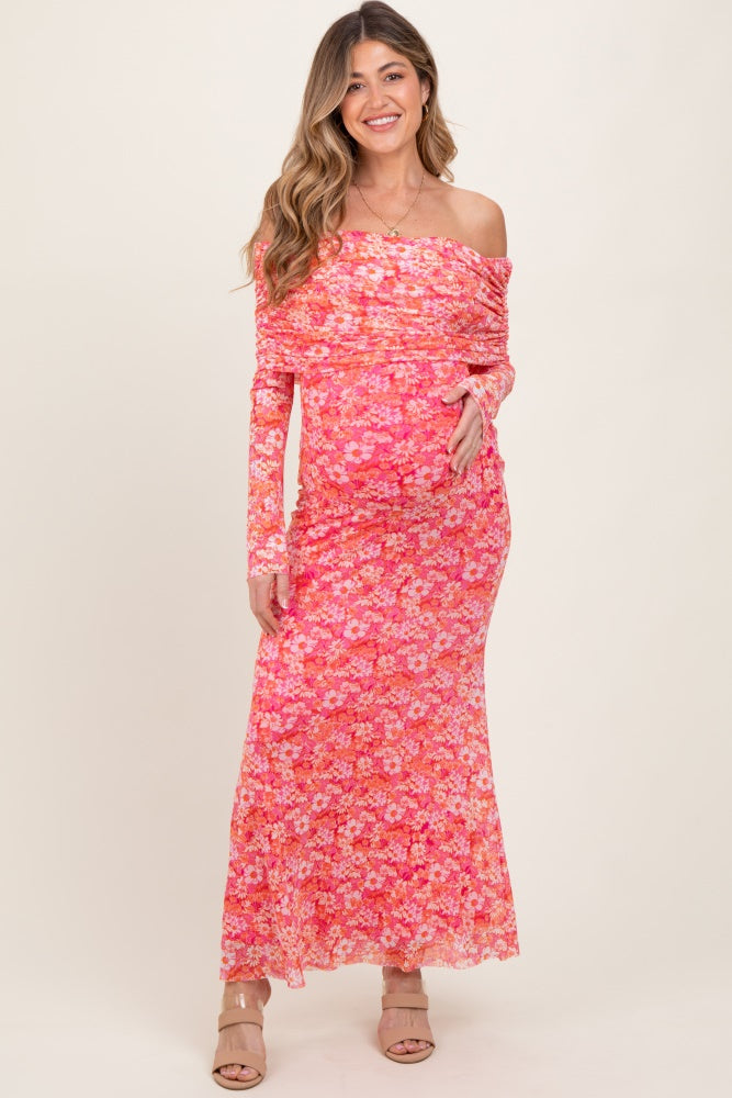 Pink Floral Mesh Off Shoulder Long Sleeve Maternity Maxi Dress