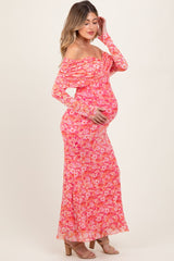 Pink Floral Mesh Off Shoulder Long Sleeve Maternity Maxi Dress