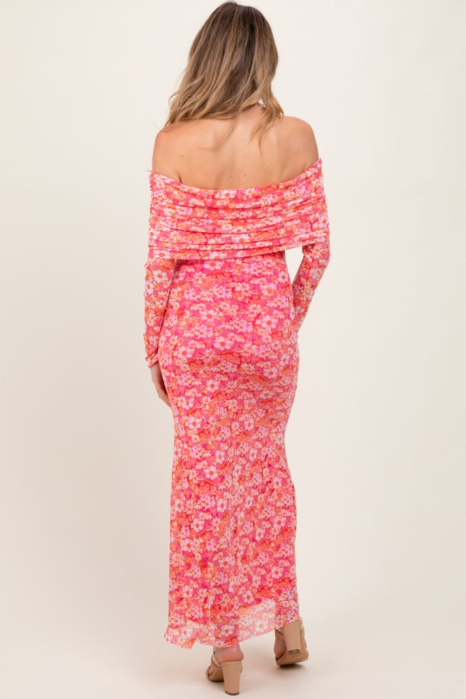 Pink Floral Mesh Off Shoulder Long Sleeve Maternity Maxi Dress