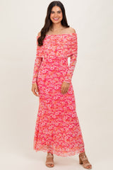 Pink Floral Mesh Off Shoulder Long Sleeve Maxi Dress