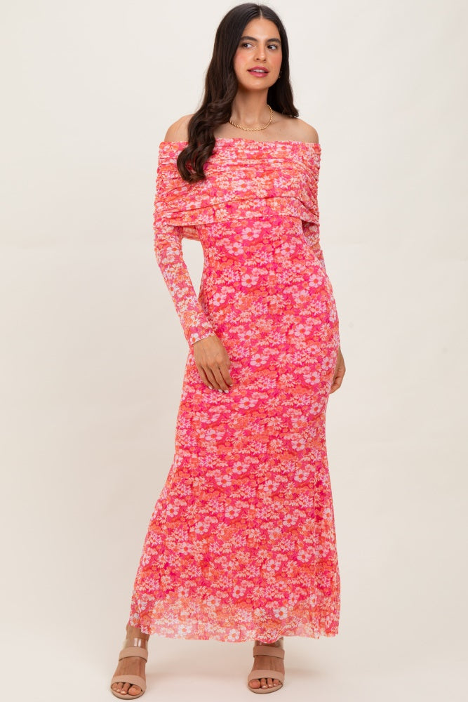 Pink Floral Mesh Off Shoulder Long Sleeve Maxi Dress