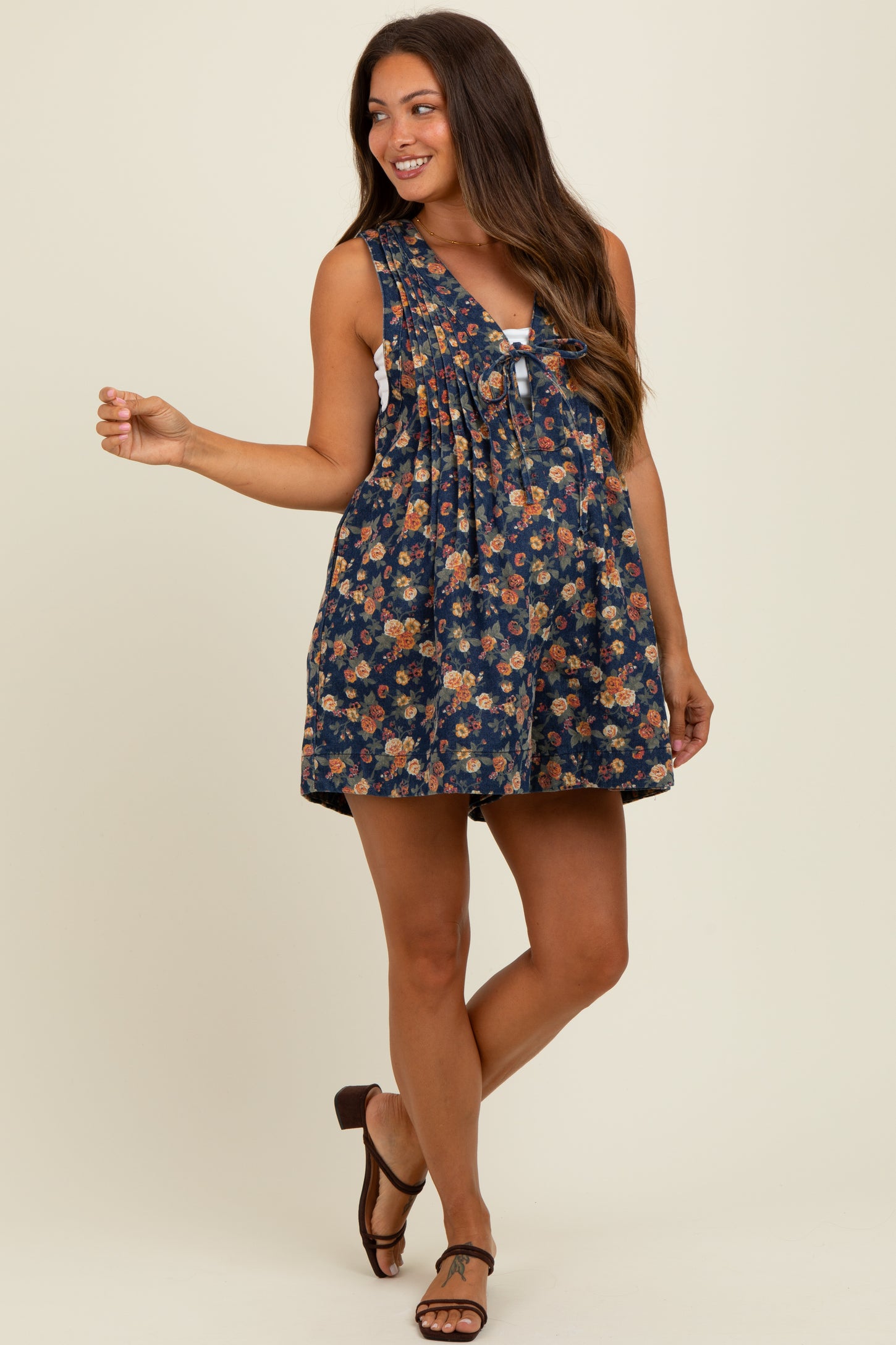 Navy Floral Denim Front Tie Maternity Romper