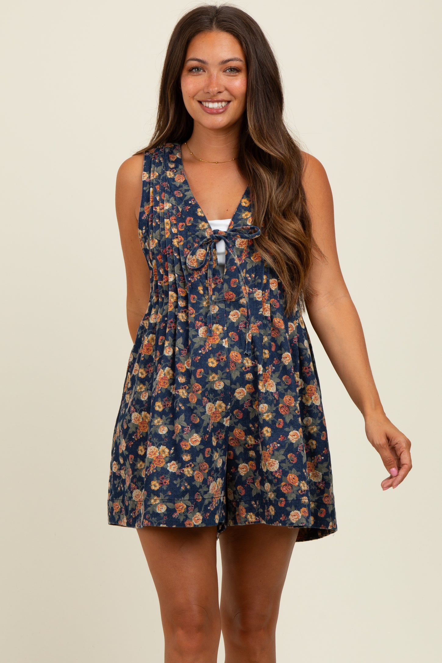Navy Floral Denim Front Tie Maternity Romper
