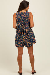 Navy Floral Denim Front Tie Maternity Romper