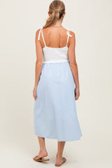 Light Blue Contrast Knit Bodice Maternity Midi Dress