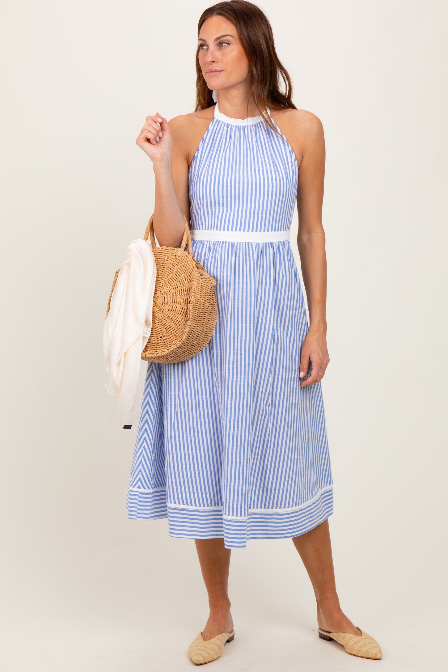 Blue Striped Halter Maternity Tie Back Cutout Midi Dress