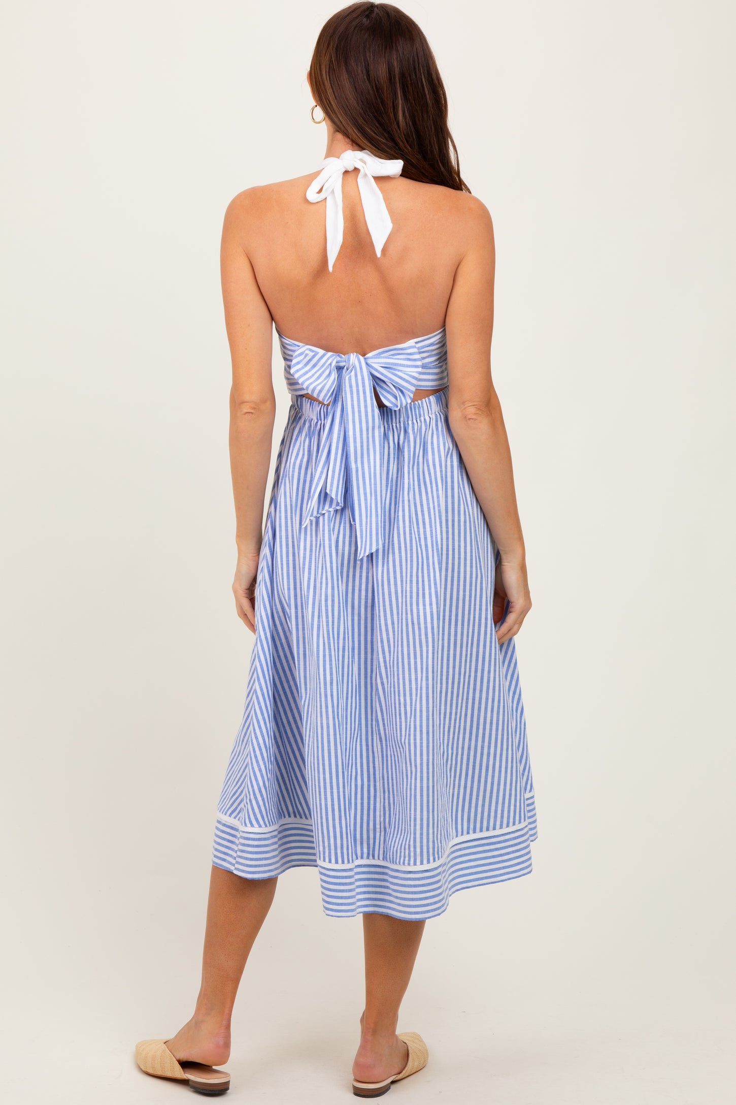 Blue Striped Halter Maternity Tie Back Cutout Midi Dress