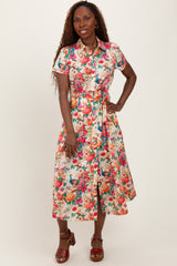 Cream Floral Button Down Midi Shirt Dress