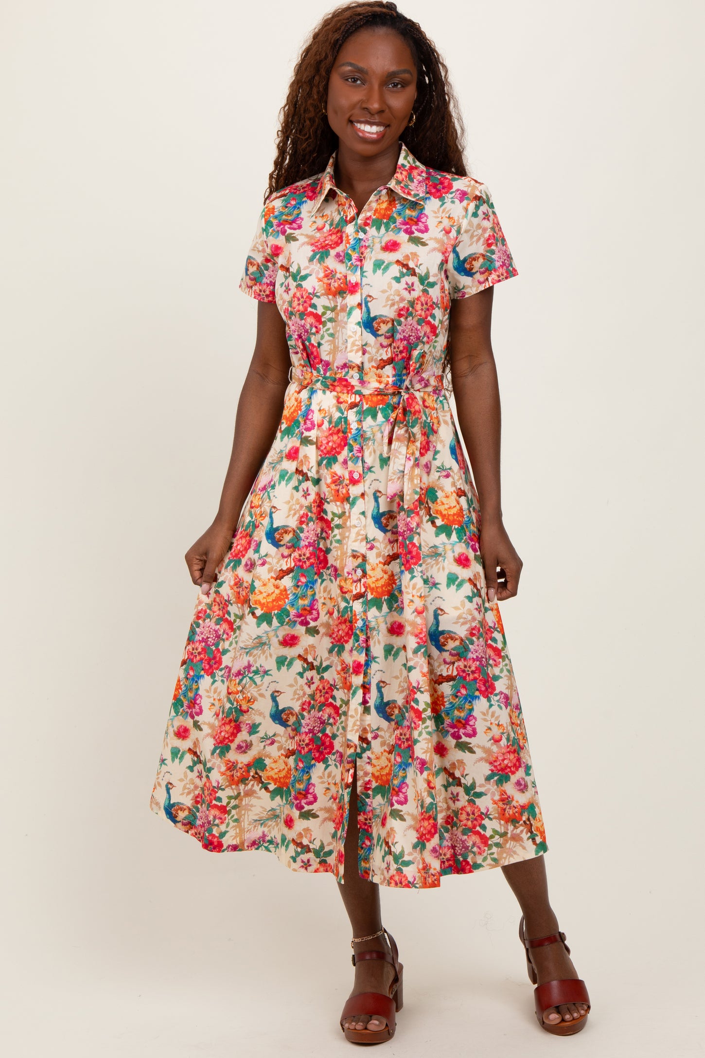 Cream Floral Button Down Midi Shirt Dress