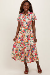 Cream Floral Button Down Midi Shirt Dress